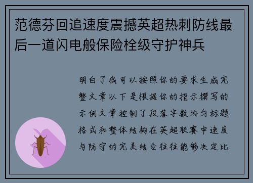 范德芬回追速度震撼英超热刺防线最后一道闪电般保险栓级守护神兵
